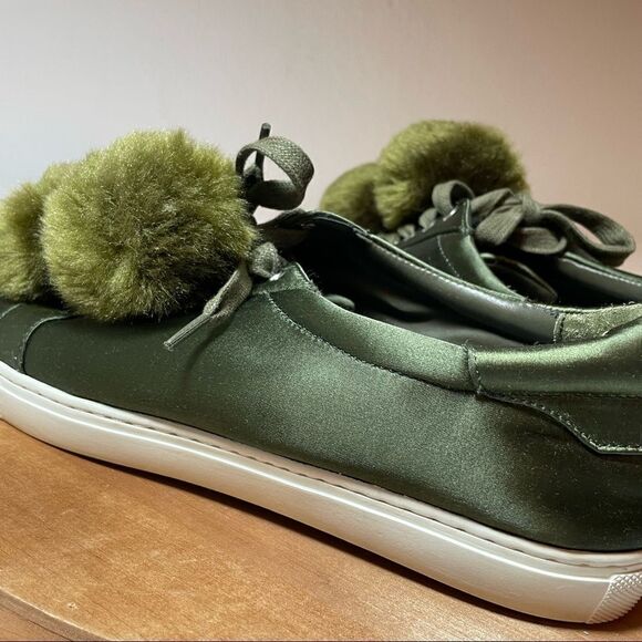 JSlides Olive green satiny Pom Pom slip ons - Picture 6 of 11
